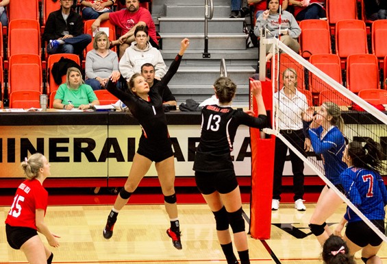 Image shows a volleyball game being played in Mineral Area College's field house