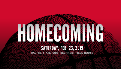 Image shows a promotion for Mineral Area College's Homecoming to be played on Saturday, February 23, 2019 with MAC versing State Fair in the Sechrest Field House. The background is of a basketball tinted red