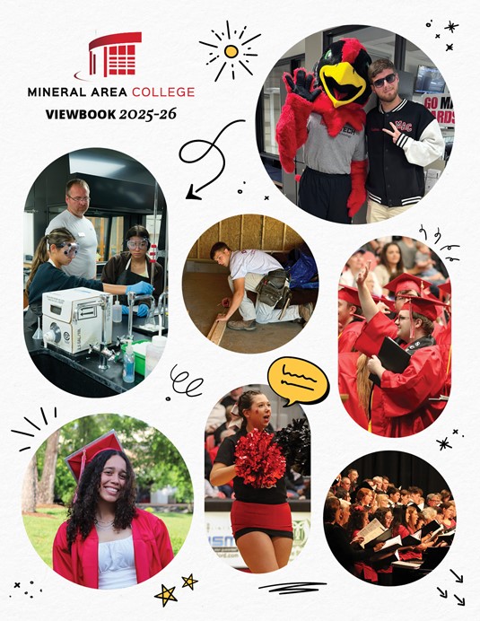 Cover page of the 2025-2026 student viewbook. Artwork includes photos of students engaging in campus activities and learning in classrooms.