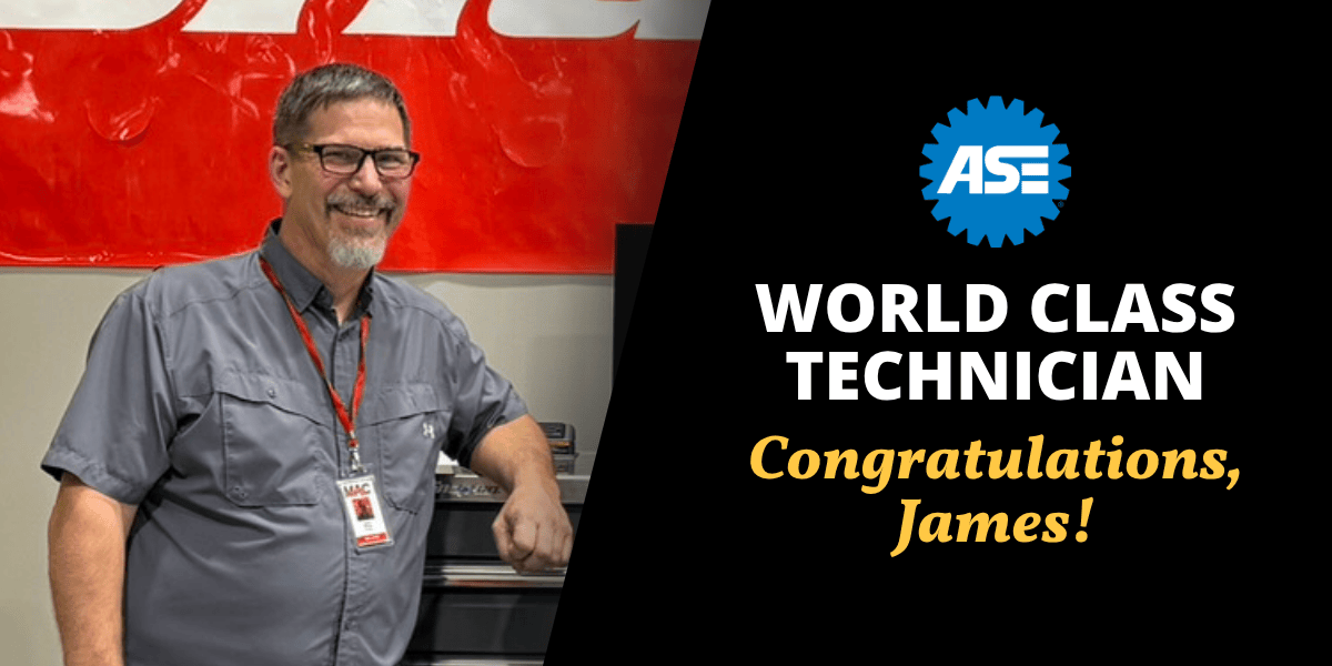 Photo of James Whaley and message ASE World CLass Technician Congratulations, James