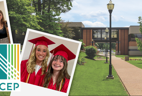 Photo of Mineral Area College buildings, several students and the NACEP logo